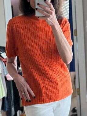 Orange Short Sleeve Cable Knit Mock Neck Spring Sweater minimalist, Medimum